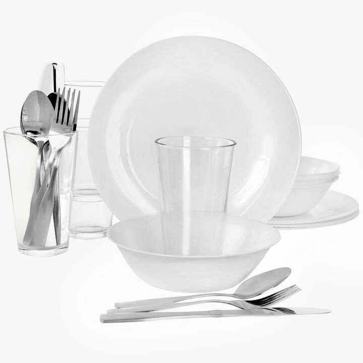 Gibson Ultra Angel Silk 24 Piece Opal Glass Dinnerware and Flatware Combo Set in White