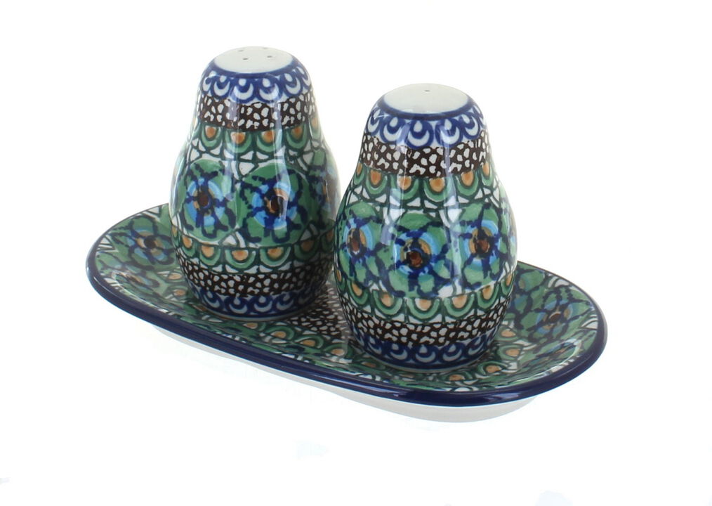 Blue Rose Polish Pottery Harvest Bounty Salt & Pepper Shakers with Tray