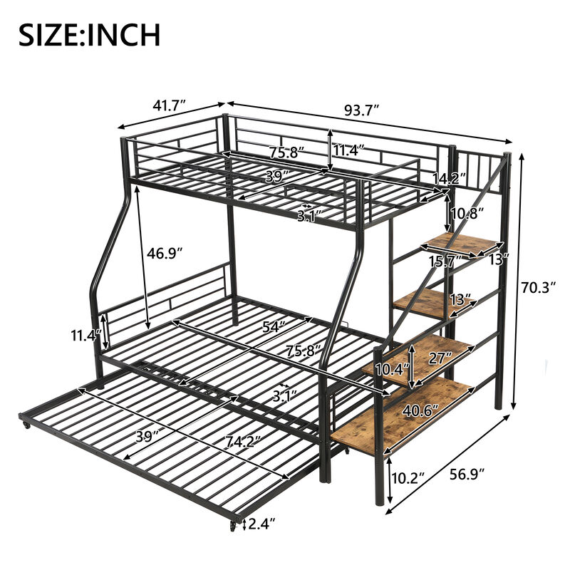 Merax Metal Bunk Bed with Trundle and Storage Staircase