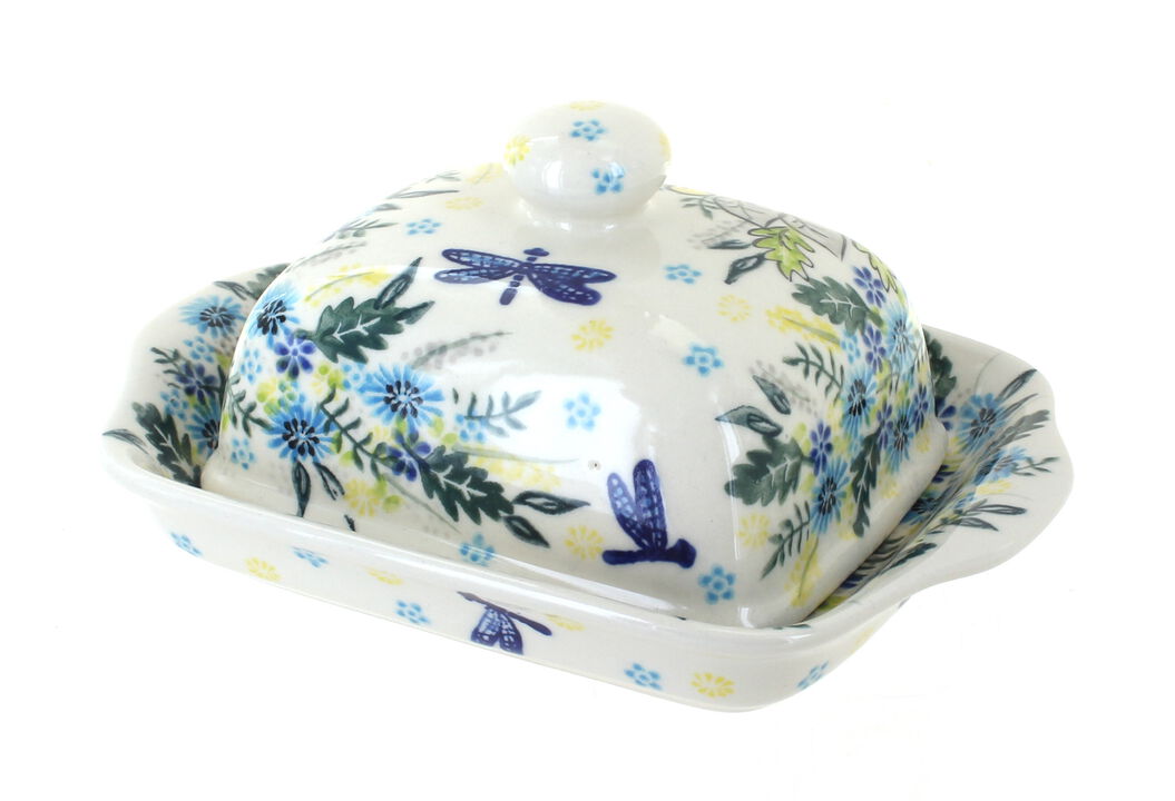 Blue Rose Polish Pottery Sunflower Maze Square Butter Dish