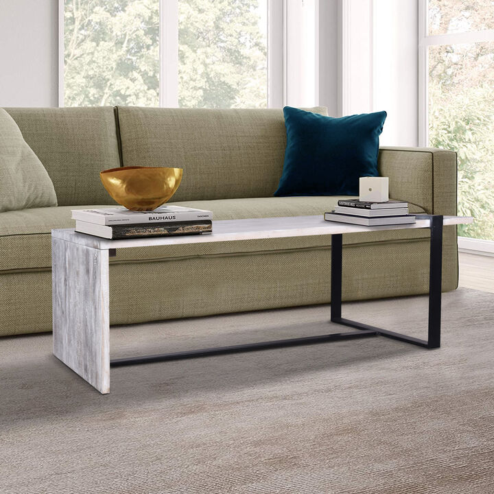 Farmhouse Rectangular Coffee Table with Wooden Top and Geometric Metal Frame, Gray and Black-Benzara