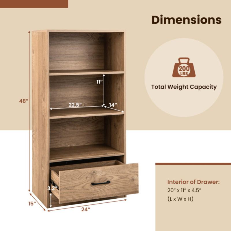 Hivvago 4-Tier Storage Bookcase with Open Shelves Drawer and Anti-toppling Device