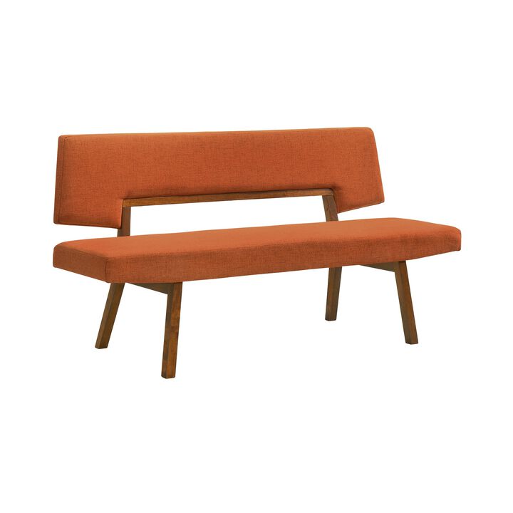 Yumi 63 Inch Dining Bench, Seat and Back with Orange Fabric, Walnut  - Benzara