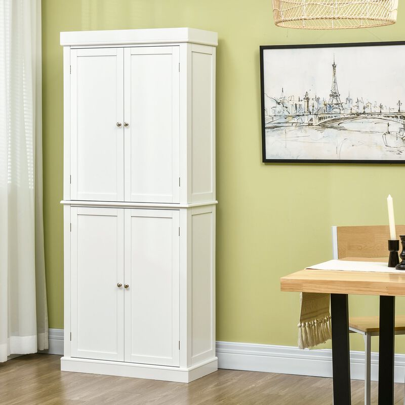 72.5" Traditional Freestanding Kitchen Pantry, Tall Kitchen Cupboard with 4 Doors, and 4 Adjustable Shelves, White