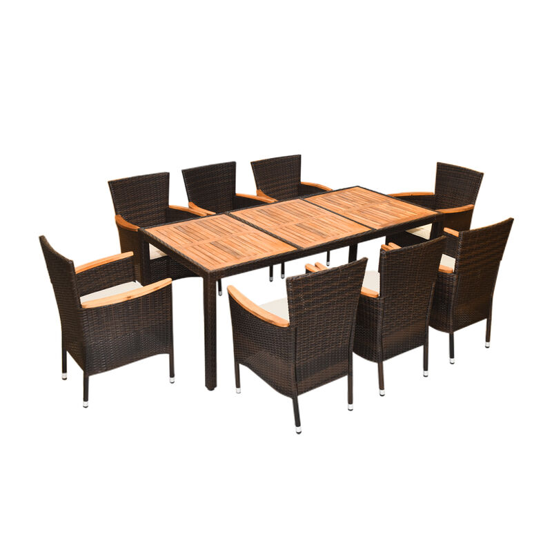 9 Pieces Rattan Dining Set with Acacia Wood Table and Stackable Cushioned Chairs