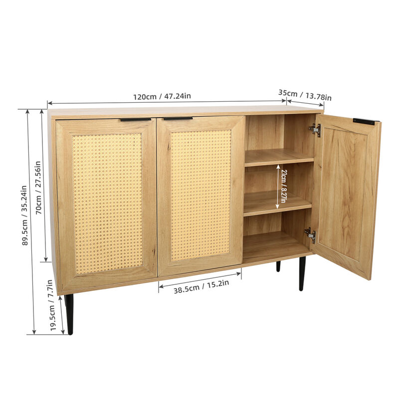 47.24 " Wide Elegant Kitchen Buffet Storage Cabinet with 3 Rattan Doors for Bedroom Living Room Kitchen Cupboard Wooden Furniture with 3-Tier Shelving, Natural Color