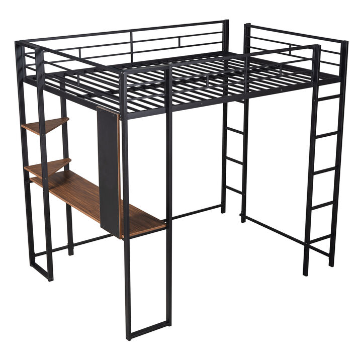 Full Size Metal Loft Bed With 2 Shelves And One Desk