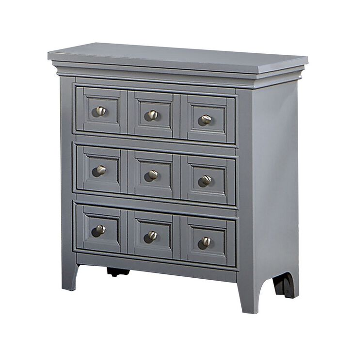 Cile 26 Inch Nightstand, 3 Panel Drawers, Gray Wood, Round Nickel Handles-Benzara