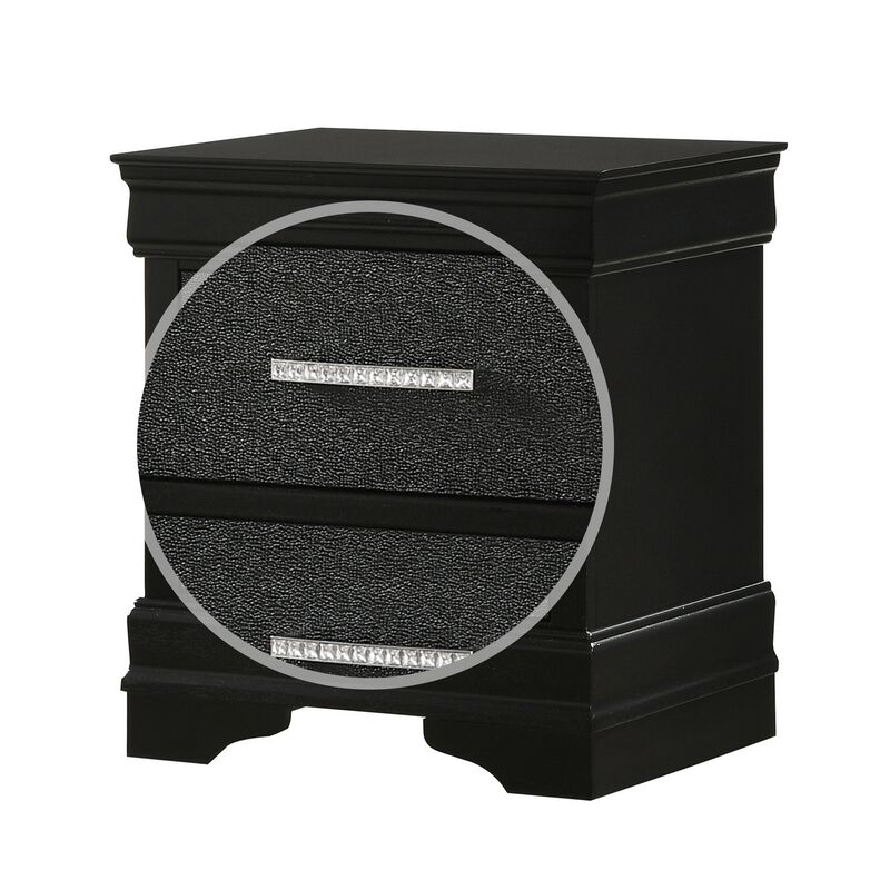 2 Drawer Wooden Nighstand with Horizontal Pull and Studded Accent, Black - Benzara