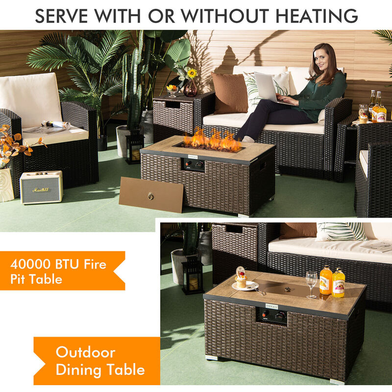 32 x 20 Inch Propane Rattan Fire Pit Table Set with Side Table Tank and Cover-Brown