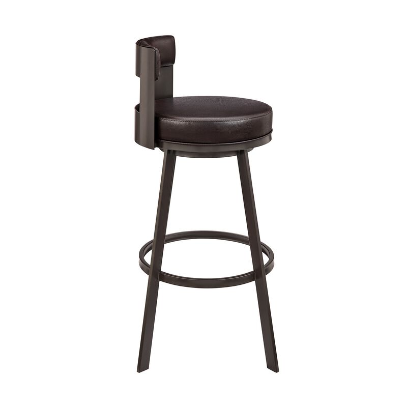 Ami 30 Inch Swivel Barstool Chair, Curved Open Back Brown Faux Leather - Benzara
