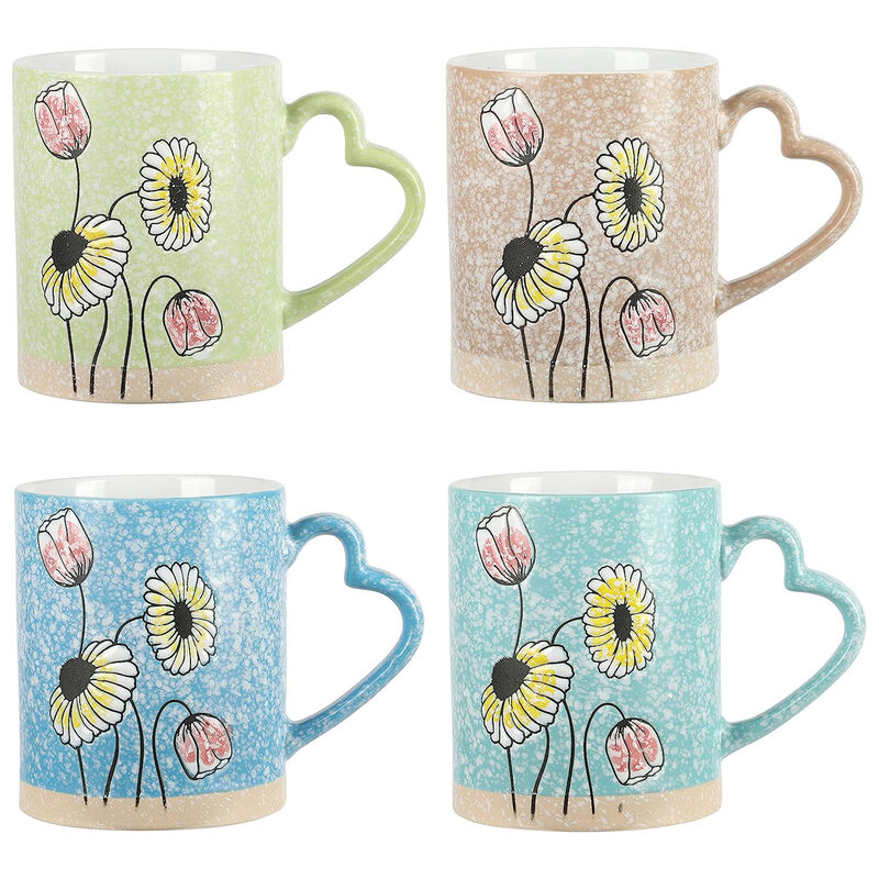 Gibson Home Sunbloom 4 Piece 15 Ounce Flower Wax Relief Design Mug Set with Heart Shaped Handles