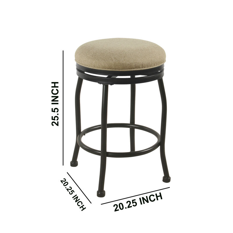 Metal Counter Stool with Swivelling Fabric Padded Seat, Beige and Black - Benzara