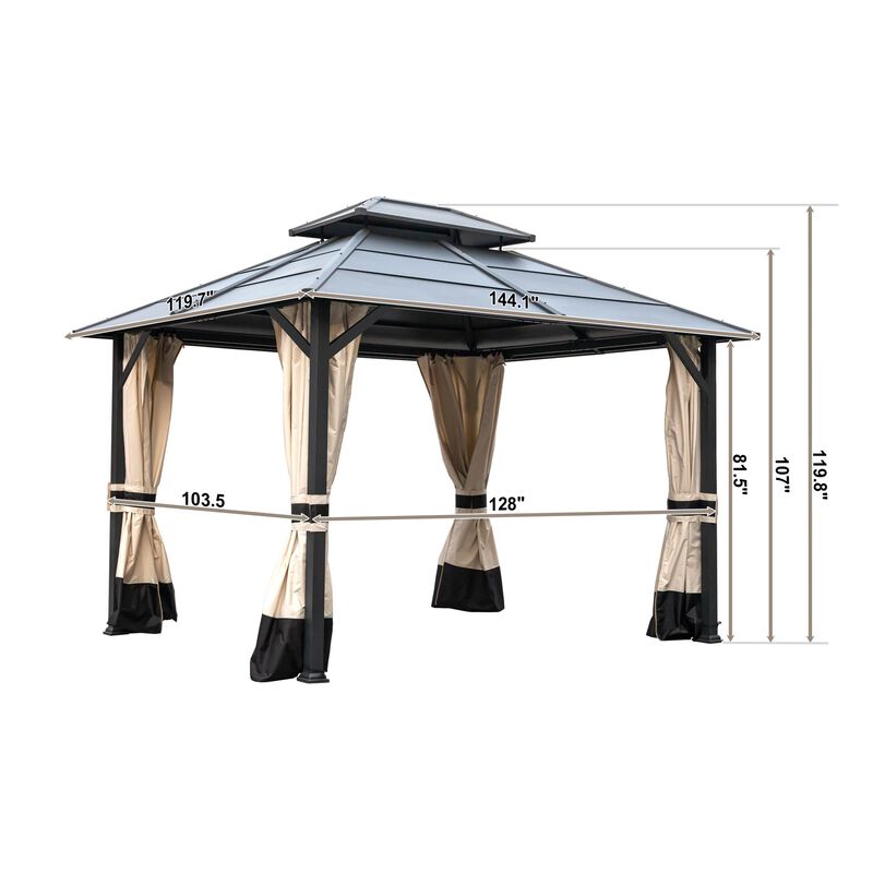 MONDAWE 10 ft×12 ft Metal Hardtop Double Roof Patio Gazebo with Netting and Curtains