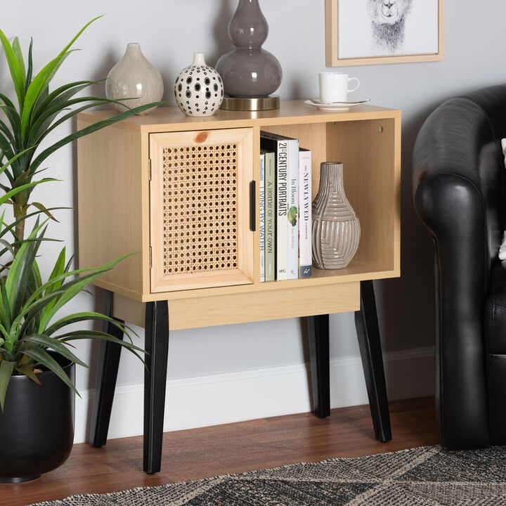 Baxton Studio Dacre Mid-Century Modern Transitional Two-Tone Oak Brown and Black Finished Wood 1-Door Console Table with Natural Rattan