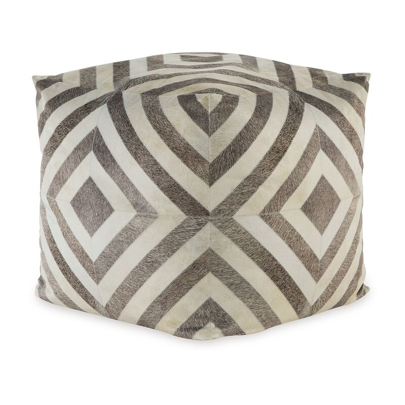 Ottoman Pouf, 18 Inch, Square, Brown and Ivory Polyester Geometric Design -