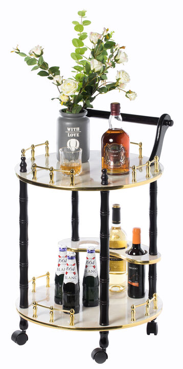 Round Wood Serving Bar Cart Tea Trolley with 2 Tier Shelves and Rolling Wheels, Silver, White and Gray