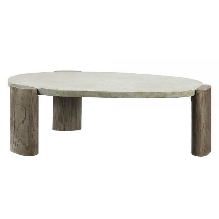 47 Inch Coffee Table, Oval Shape Cement Top, Smooth Gray and Oak Brown - Benzara