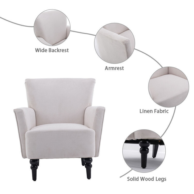 Armchair Modern Accent Sofa Chair with Linen surface,Leisure Chair with solide wood feet for living room bedroom Studio,White
