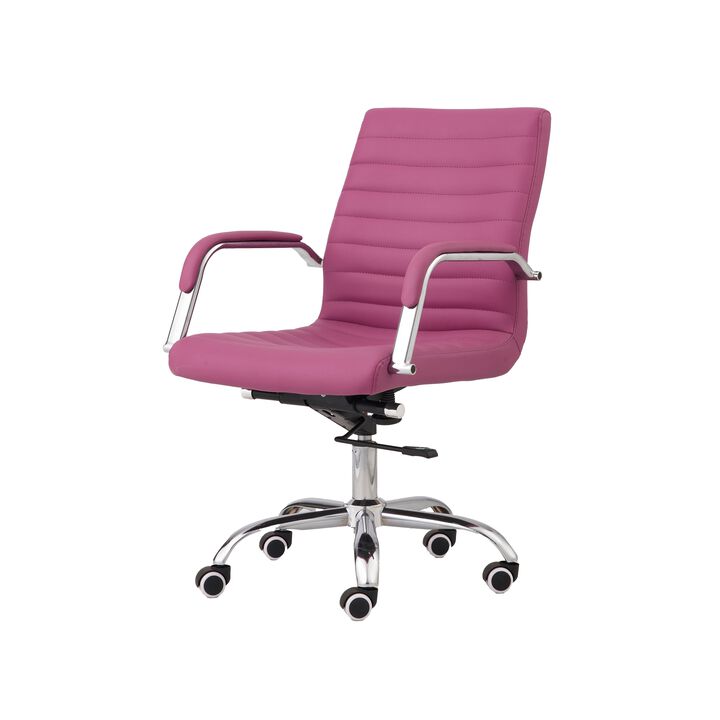 22 Inch Swivel Office Armchair, Sleek Lines and Tufted Pink Faux Leather - Benzara
