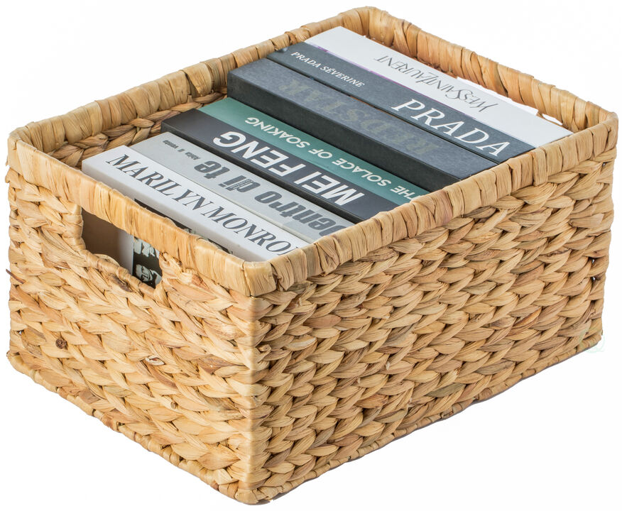 Natural Woven Water Hyacinth Wicker Rectangular Storage Bin Basket with Handles, Large