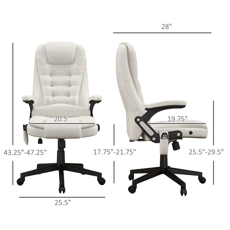 High-Back Linen Office Chair with 6-Point Vibrating Heated Massage, Reclining Backrest, Padded Armrests, and Remote, in Cream White