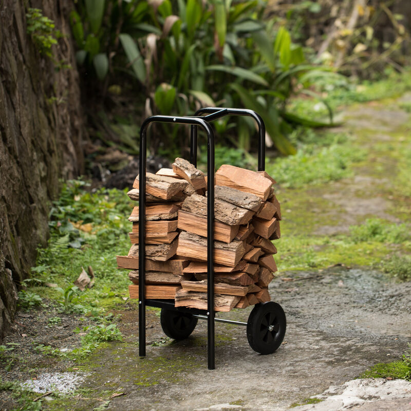 Indoor and Outdoor Patio Steel Firewood Log Carrier, Wood Rack Storage Stacking Holder, Black