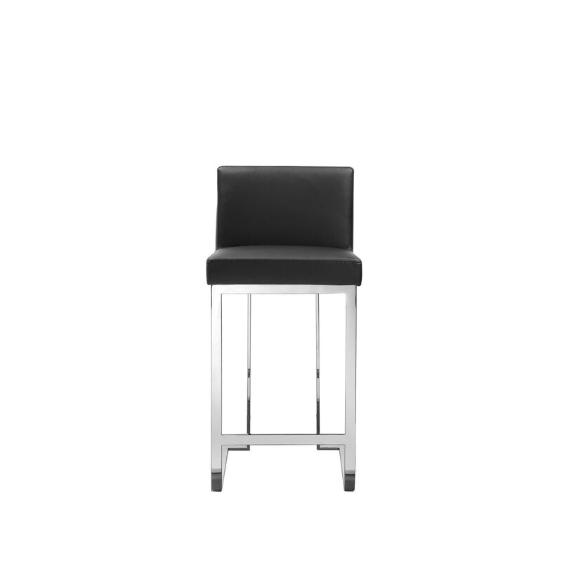Boly 26 Inch Counter Height Chair, Black Faux Leather, Chrome Steel - Benzara