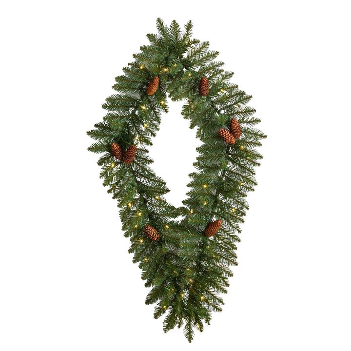 Nearly Natural 3-ft Holiday Christmas Geometric Diamond Wreath with Pinecones and 50 Warm White LED Lights