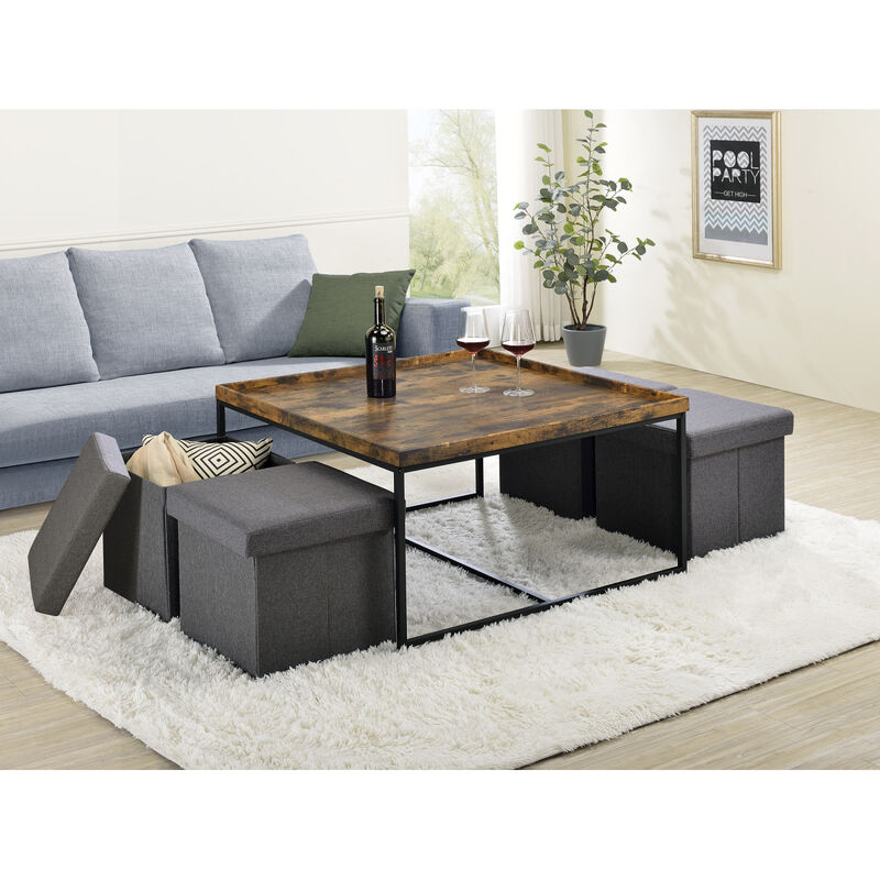 Vinny Weathered Oak Wood Grain 5 Piece Coffee Table Set With Raised Edges