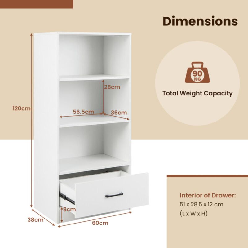 Hivvago 4-Tier Storage Bookcase with Open Shelves Drawer and Anti-toppling Device