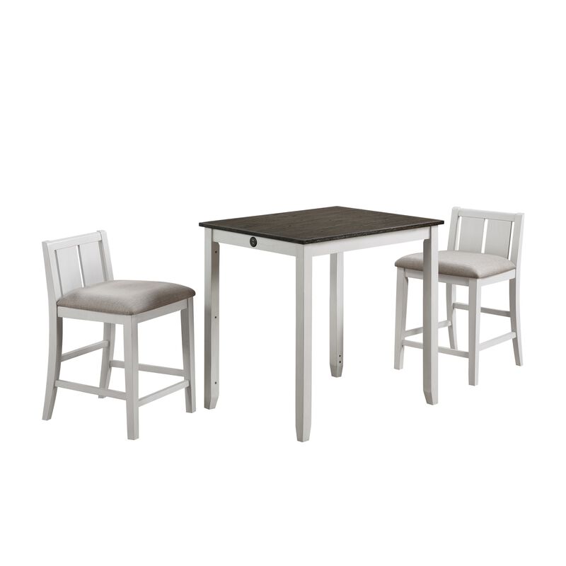 Hia 3 Piece Counter Table Set, Cushioned Seats, 2 Shelves, Crisp White-Benzara