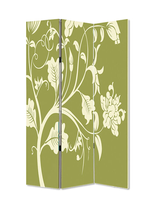 3 Panel Room Divider with Stems and Flower Pattern, Cream and Green-Benzara