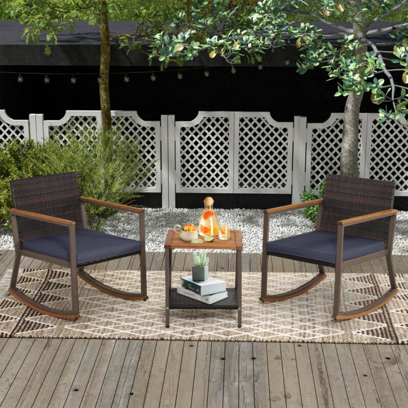 3 Pieces Rattan Rocking Bistro Set with Coffee Table and Cushions