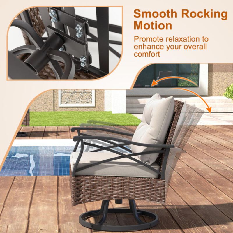 Hivvago 3 Pieces Outdoor Swivel Rocking Chairs Set with 2-Tier Tempered Glass Side Table