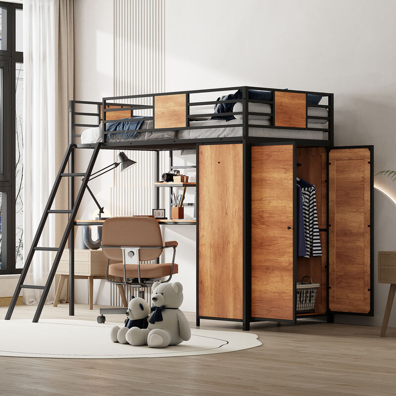 Merax Loft bed with L-shape Desk and Wardrobe