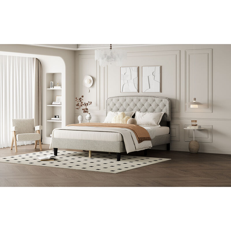Queen size Adjustable Headboard with Fine Linen Upholstery and Button Tufting for Bedroom, Wave Top cream White