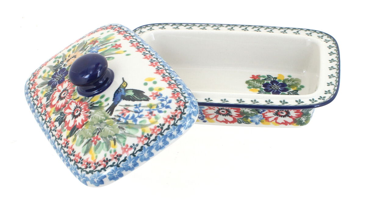 Blue Rose Polish Pottery Hummingbird Butter Dish