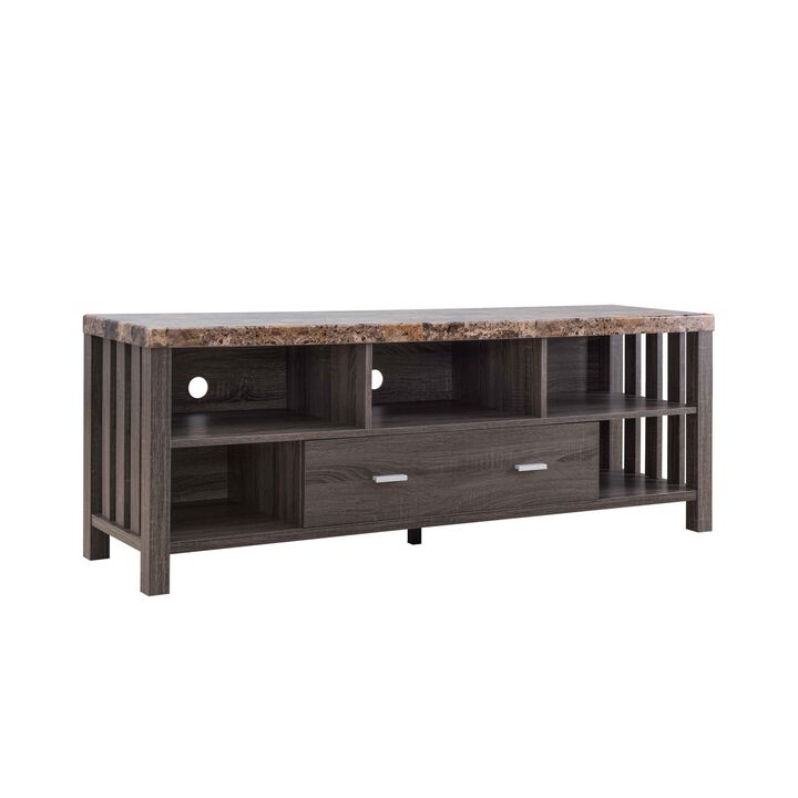 60 Inch Modern TV Entertainment Console, 5 Shelves, Faux Marble Top, Gray-Benzara