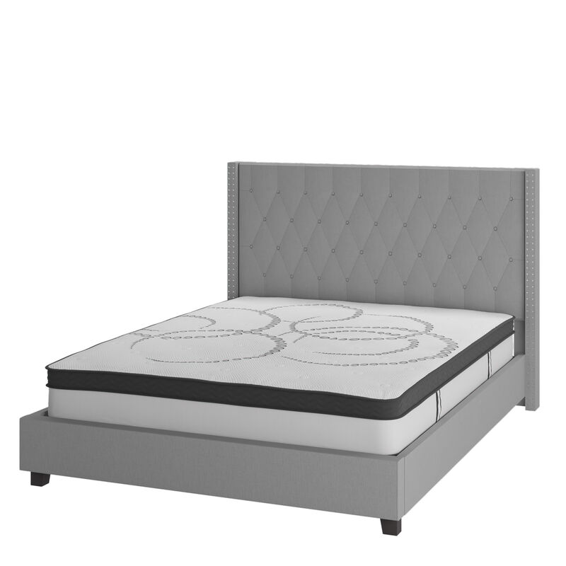 Riverdale King Size Tufted Upholstered Platform Bed in Light Gray Fabric with 10 Inch CertiPUR-US Certified Pocket Spring Mattress