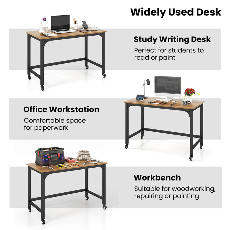 48" Rolling Computer Desk with Heavy-duty Metal Frame for Home and Office