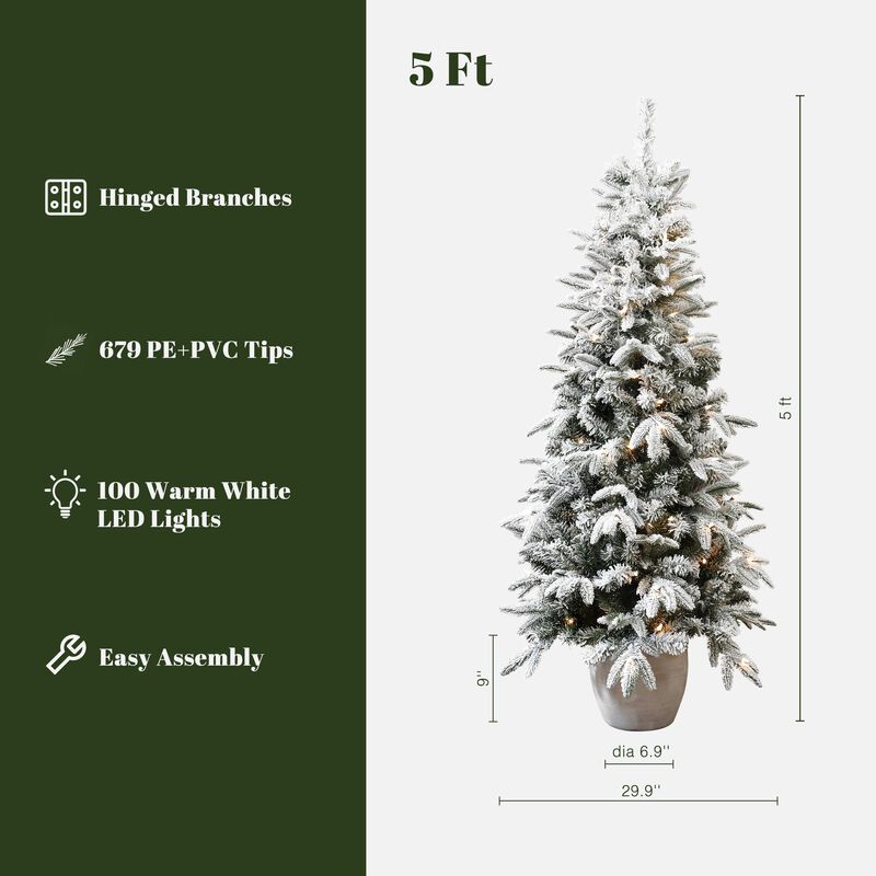 LuxenHome 5Ft Pre-Lit Snow Flocked Slim Fir Potted Artificial Christmas Tree