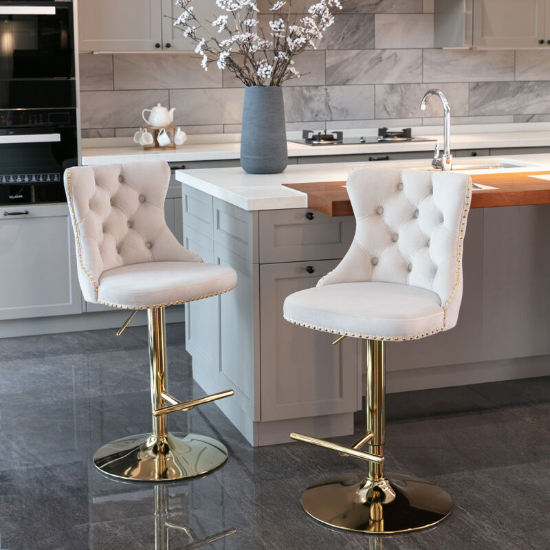 Golden Swivel Velvet Bar Stools Adjustable Seat Height from 25-33 Inch, Modern Upholstered Bar Stools with Backs Comfortable Tufted for Home Pub and Kitchen Island (Beige, Set of 2)