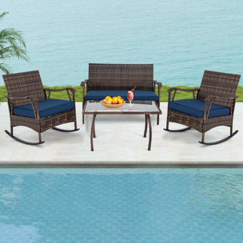 Hivvago 4 Pieces Wicker Rocking Set with Bungee Rope Seat