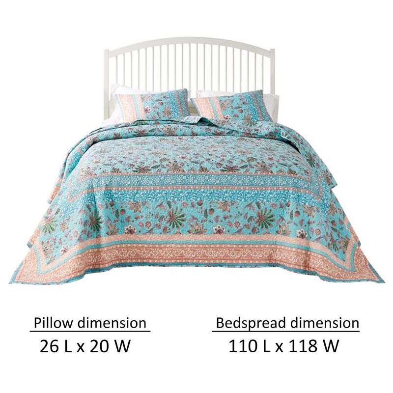 Dill 3pc Queen Bedspread Set, Bohemian Turquoise Floral Microfiber Cotton