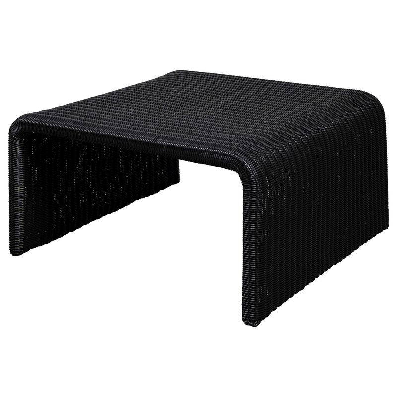 Gigi 36 Inch Coffee Table, Black Woven Rattan, Square Waterfall Edges - Benzara