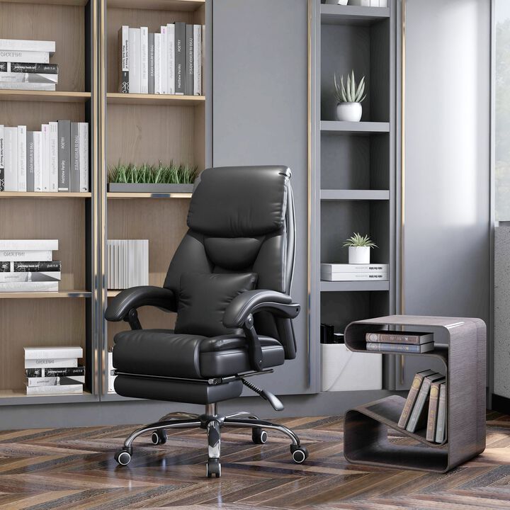 Black PU Leather Executive Office Chair: Elegant Kneading Massage Office Chair with Reclining High Back, Lumbar Cushion, and Footrest