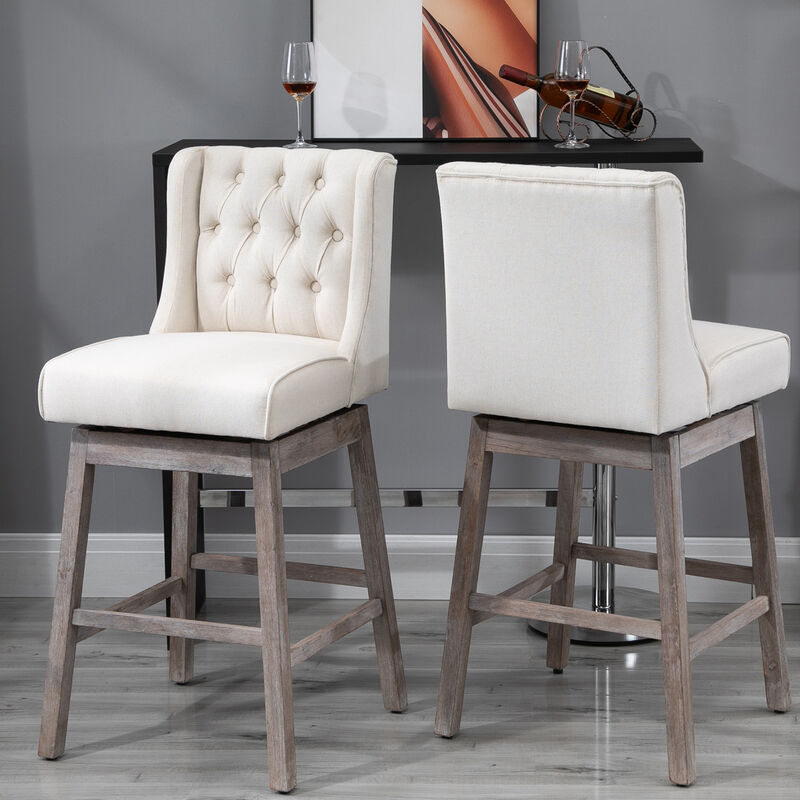 HOMCOM Counter Height Bar Stools Set of 2, 180 Degree Swivel Barstools, 27" Seat Height Bar Chairs with Solid Wood Footrests and Button Tufted Design, Beige