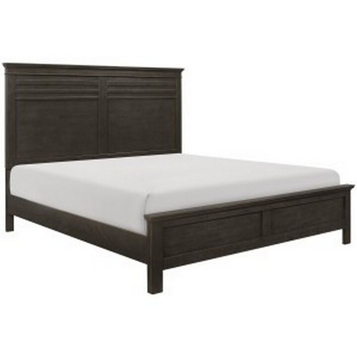 Candy Queen Bed, Farmhouse Embossed Accented Headboard, Charcoal Gray Wood - Benzara