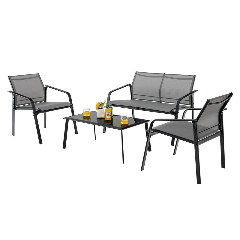 4 Pieces Patio Furniture Set with Armrest Loveseat Sofas and Glass Table Deck